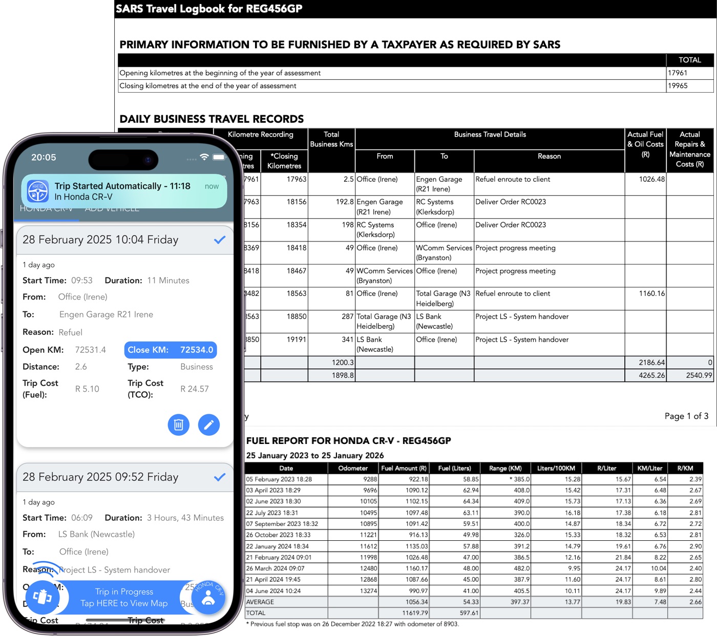 Trips logged by the Trip Logbook App reflecting the required SARS Logbook travel details.