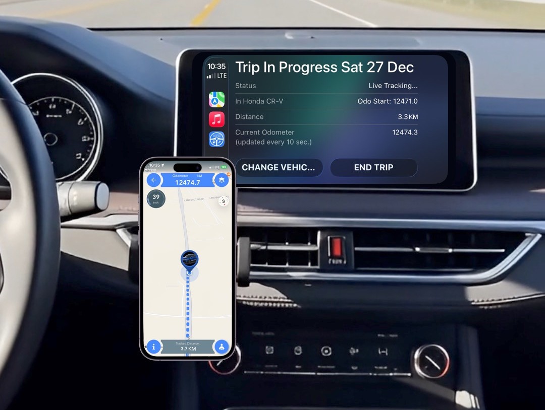 Vehicle logbook app in car experience with Trip In Progress map and CarPlay