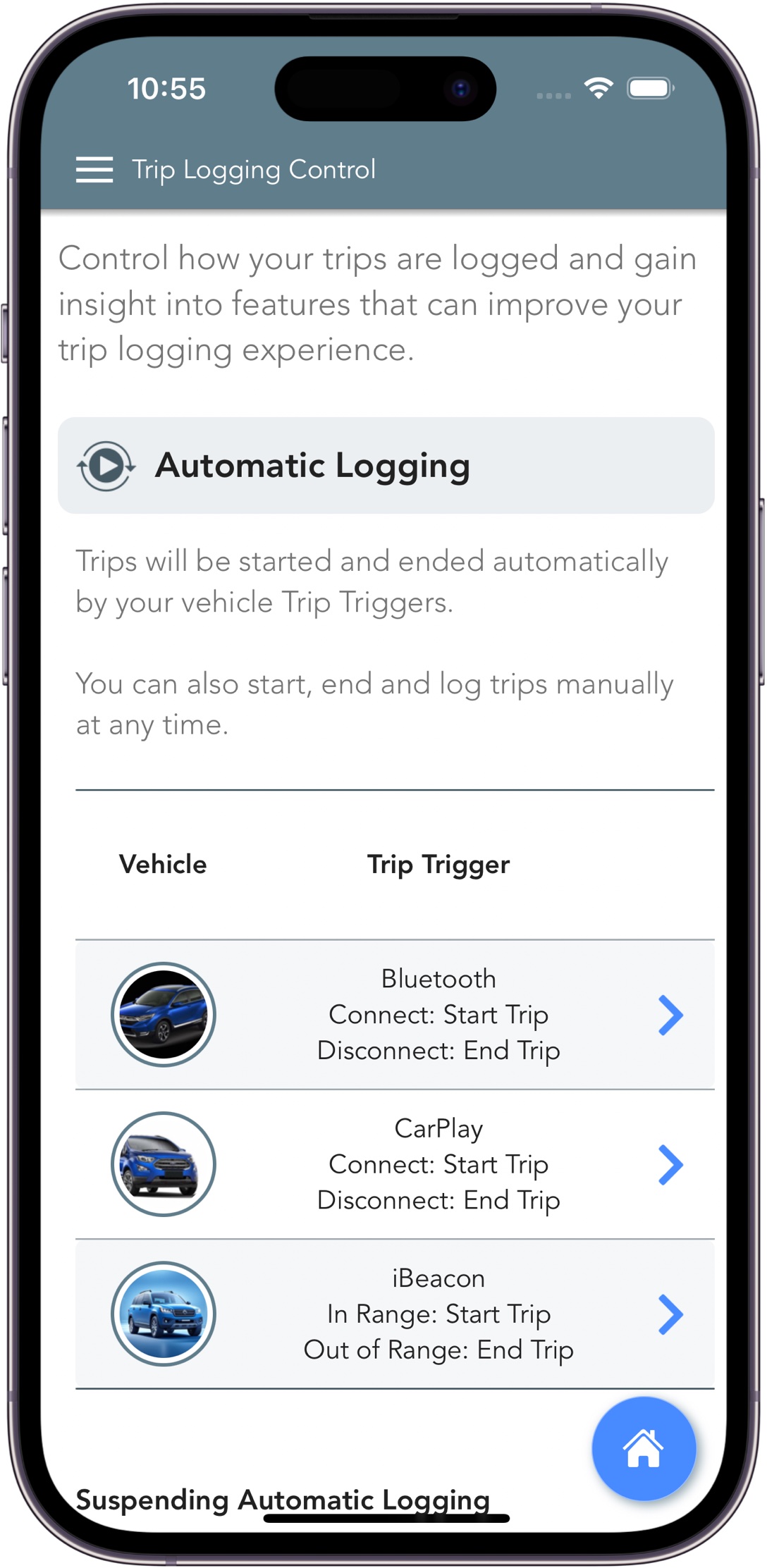 Trip Logbook - trip logging control screen